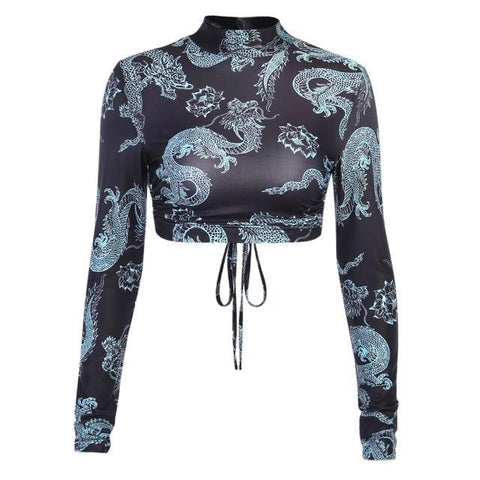 Dragon Print Backless Long Sleeve Top