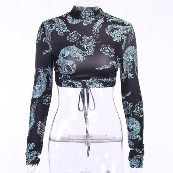 Dragon Print Backless Long Sleeve Top