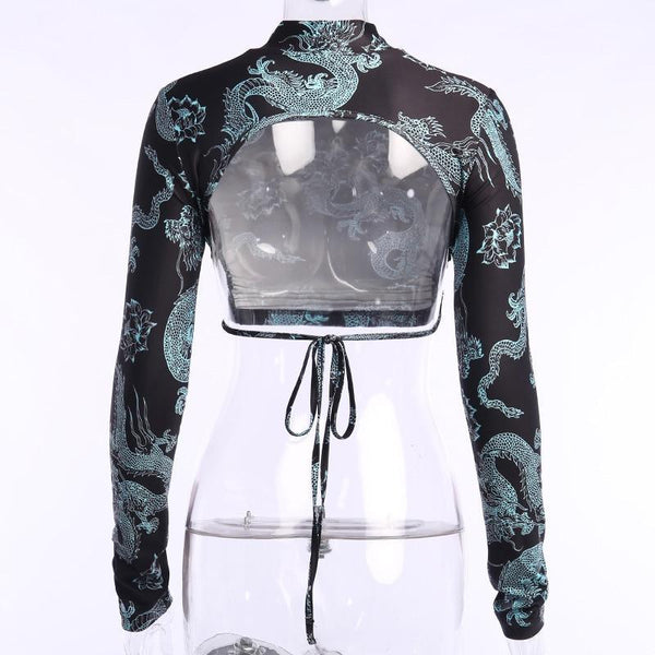 Dragon Print Backless Long Sleeve Top