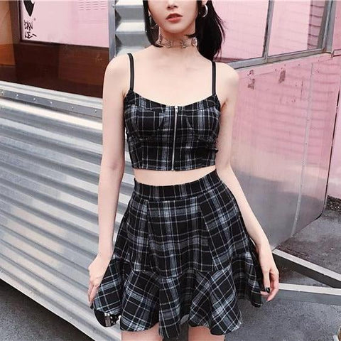 Plaid Tank Top and Skirt Set