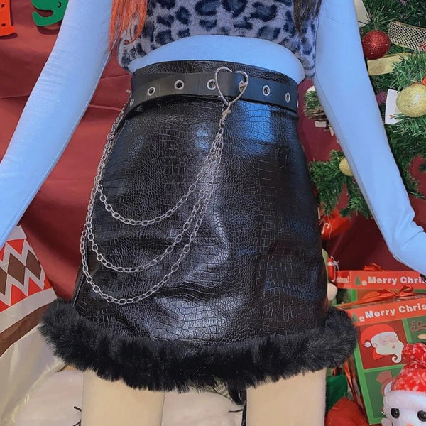 Black Mini Skirt Faux Leather Fluffy Bottom