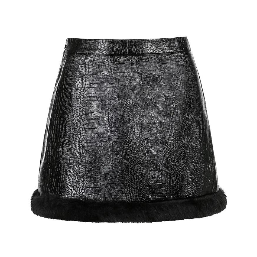 Black Mini Skirt Faux Leather Fluffy Bottom