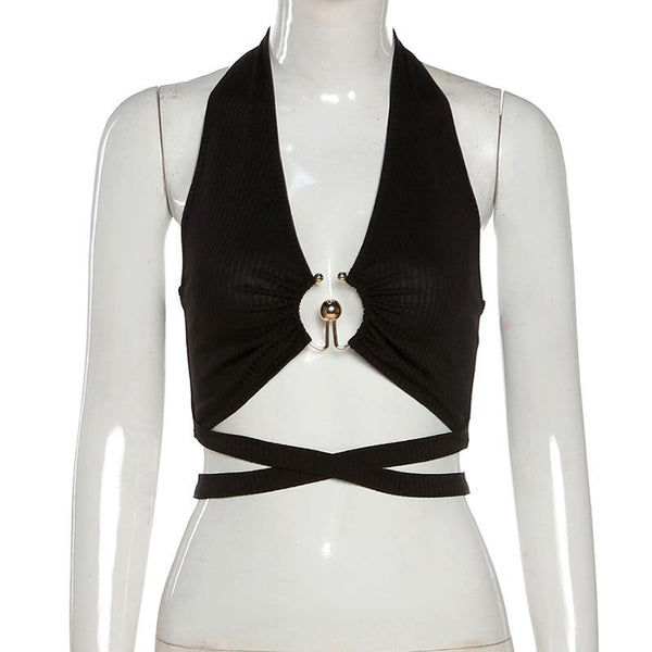 Cross Strap Halterneck Hollow Top