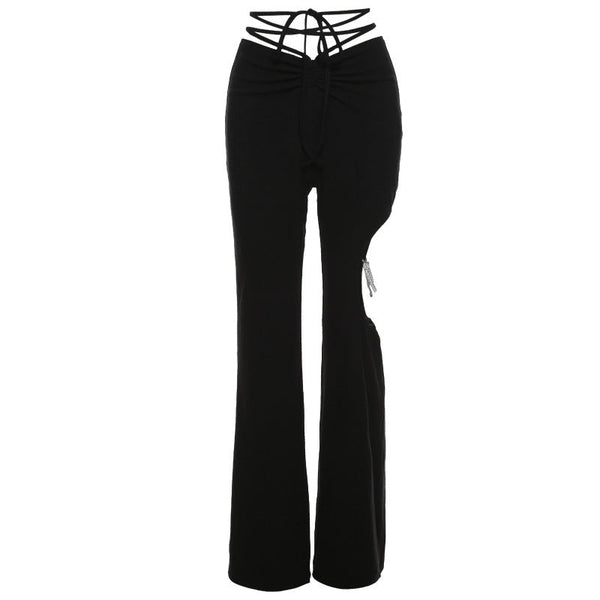 Cutout Tie Pearl Chain Pants