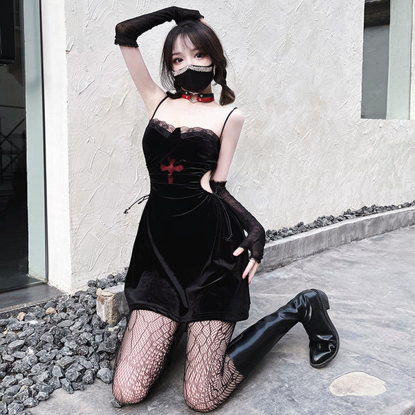 Dark Healing Cross Velvet Strap Dress