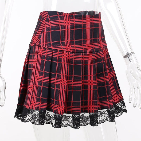 Dark Lace Plaid A-Line Skirt