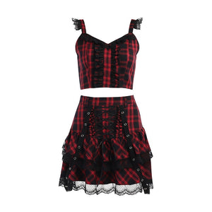 Dark Plaid Lace Pleated Skirt Set