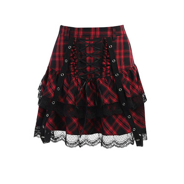 Dark Plaid Lace Pleated Skirt Set