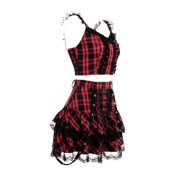 Dark Plaid Lace Pleated Skirt Set