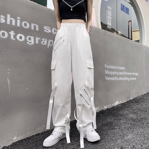 Double Zipper Line Ribbons Casual Pants