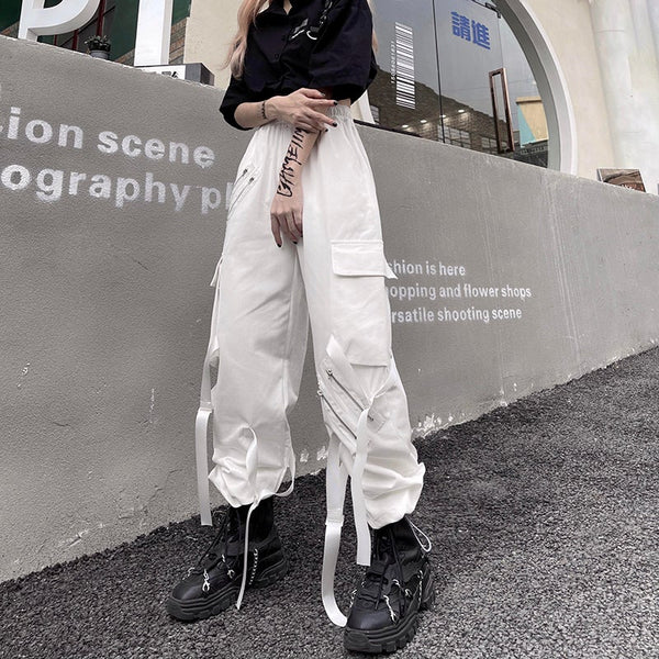 Double Zipper Line Ribbons Casual Pants