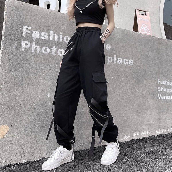 Double Zipper Line Ribbons Casual Pants