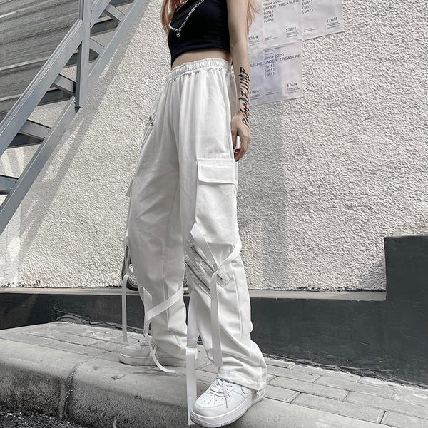 Double Zipper Line Ribbons Casual Pants