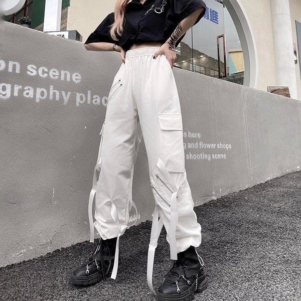 Double Zipper Line Ribbons Casual Pants