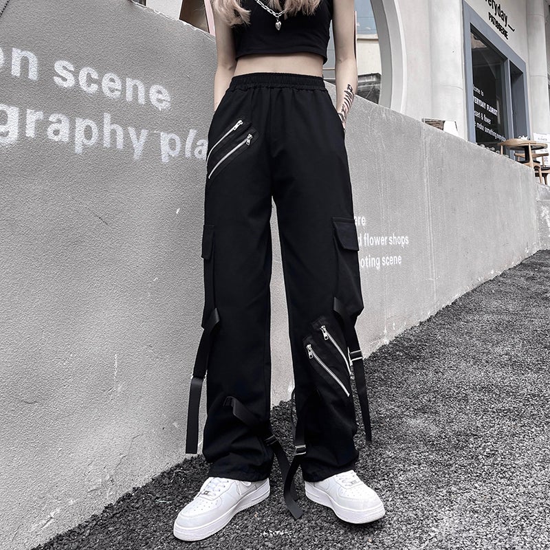 Double Zipper Line Ribbons Casual Pants