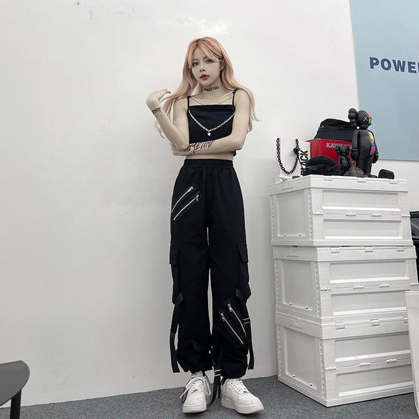 Double Zipper Line Ribbons Casual Pants