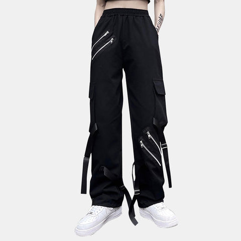 Double Zipper Line Ribbons Casual Pants