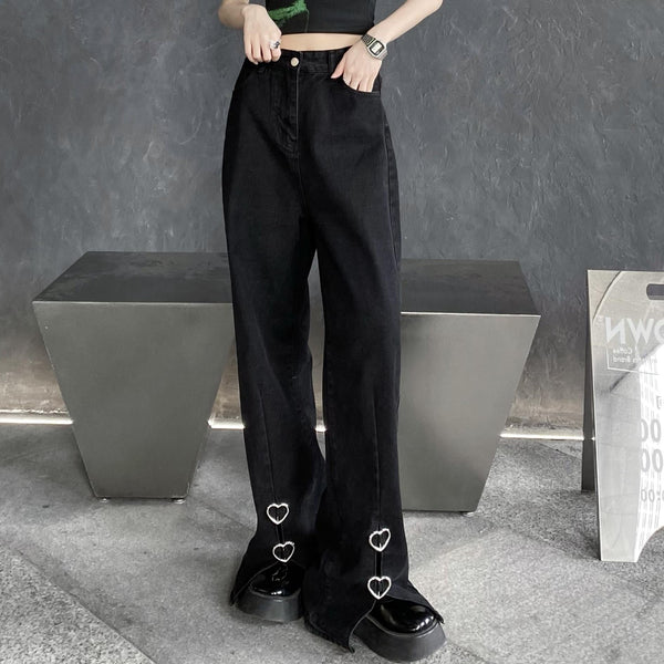 Front Slit Heart Button Straight-leg Pants