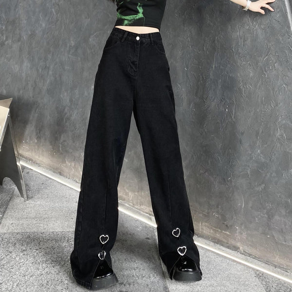 Front Slit Heart Button Straight-leg Pants