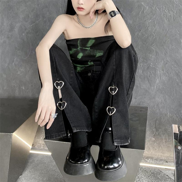 Front Slit Heart Button Straight-leg Pants