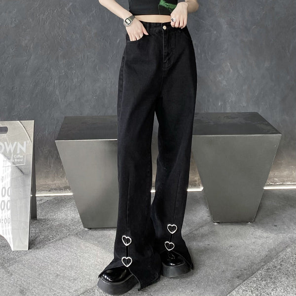 Front Slit Heart Button Straight-leg Pants