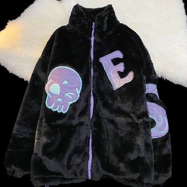 Fur Jacket Winter Coat Print Skull Faux Fur