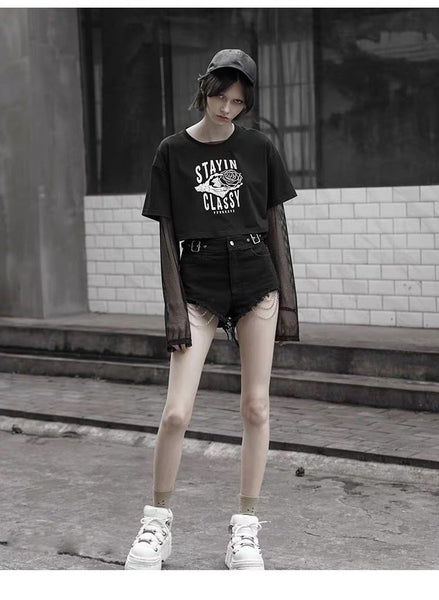 Goth Ripped Denim Shorts With Metal Chains