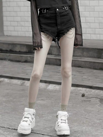 Goth Ripped Denim Shorts With Metal Chains