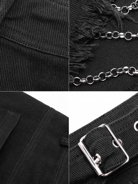 Goth Ripped Denim Shorts With Metal Chains