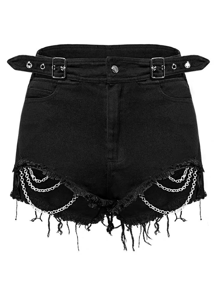 Goth Ripped Denim Shorts With Metal Chains