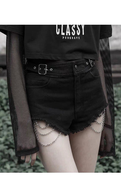 Goth Ripped Denim Shorts With Metal Chains