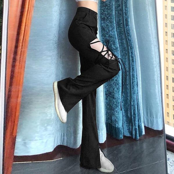 Gothic Hollow Out Bandage Straight Pants