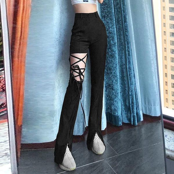 Gothic Hollow Out Bandage Straight Pants