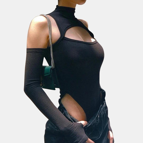 Valentine's Day Outfit Gothic Punk Shoulder Hollow Out Bodysuit Top