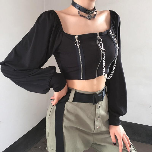 Gothic Lantern Sleeve Zipper Chain Crop Top