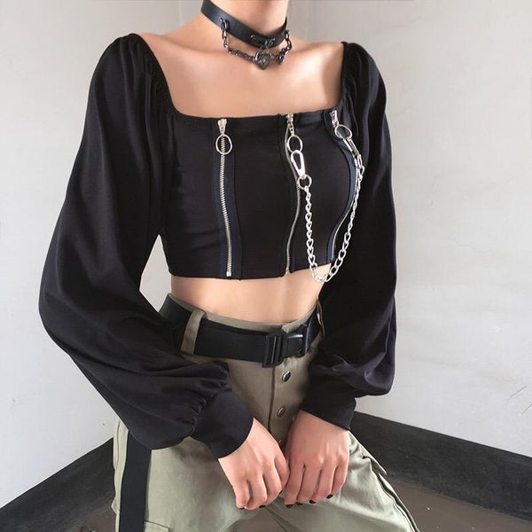 Gothic Lantern Sleeve Zipper Chain Crop Top