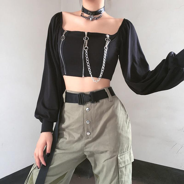 Gothic Lantern Sleeve Zipper Chain Crop Top