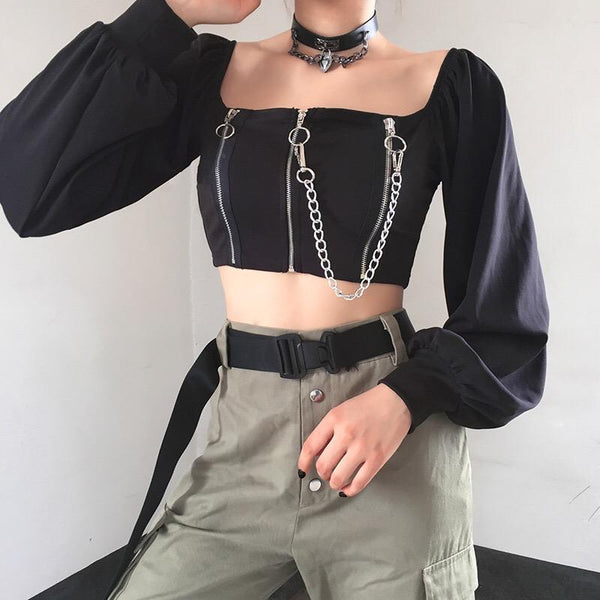 Gothic Lantern Sleeve Zipper Chain Crop Top