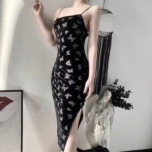 Butterfly Print Spaghetti Straps Bodycon Long Dress