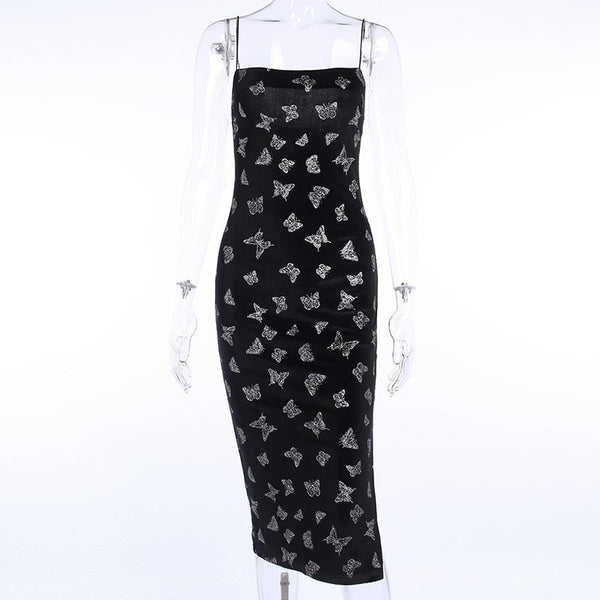 Butterfly Print Spaghetti Straps Bodycon Long Dress