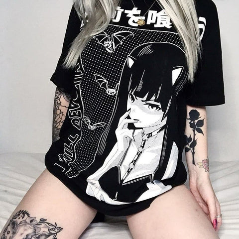 Oversize Black T-shirt Grunge Printed