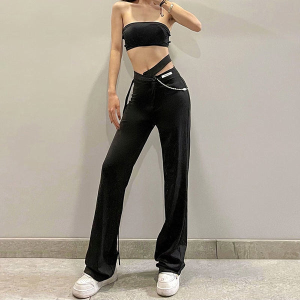 High Waist Fashion Label Straight Pants