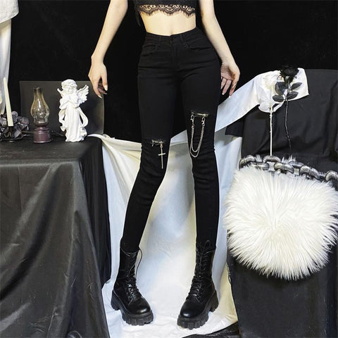 High Waist Hole Chain Pants