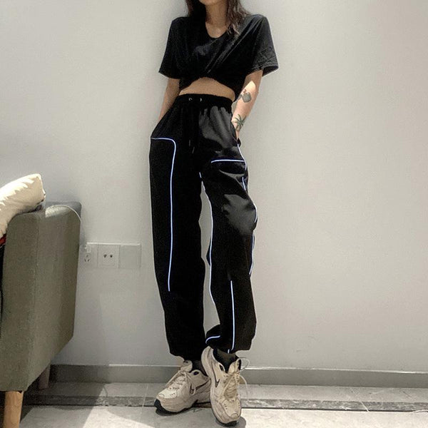 High Waist Reflective Line Cargo Pants