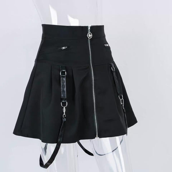 Black/Red Plaid Pentagram Zipper Skirt