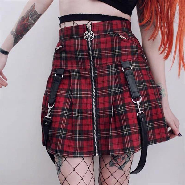 Black/Red Plaid Pentagram Zipper Skirt