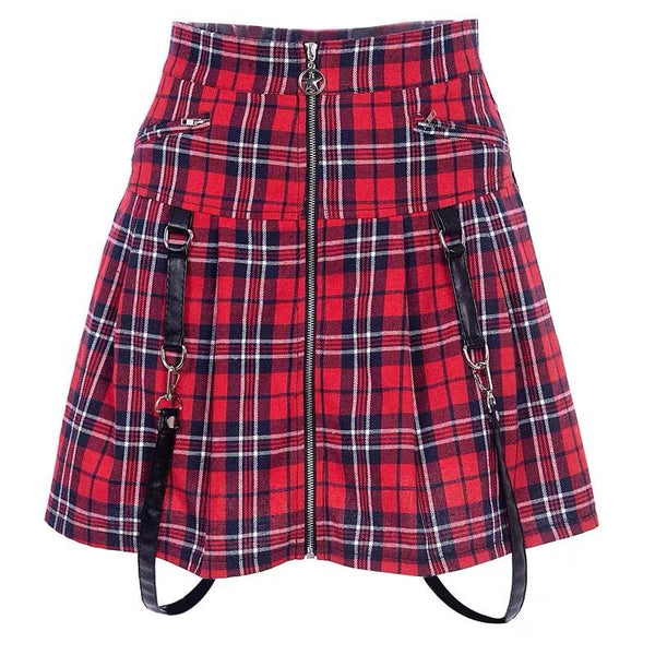 Black/Red Plaid Pentagram Zipper Skirt