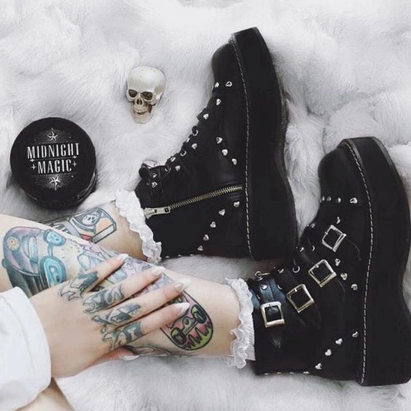 Kawaii Boots Platform Rivets Buckles Patent Leather