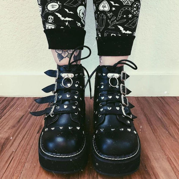 Kawaii Boots Platform Rivets Buckles Patent Leather