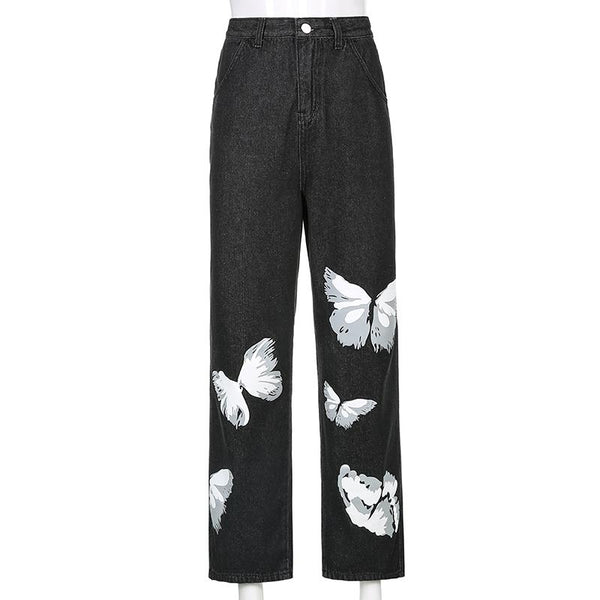 Butterfly Print Denim Street Pants